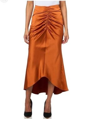 Trina Turk 'Aspen' Ruched Satin High-Low Midi-Skirt, Amber
